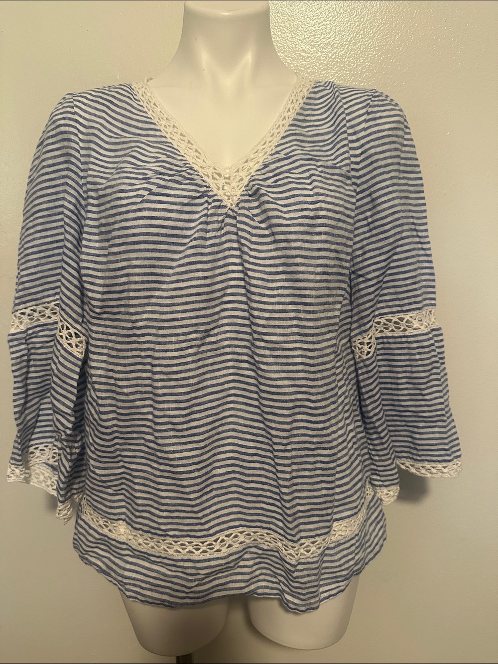 Chico's Blue and White Striped Crochet Trim Peasant Top 100% linen